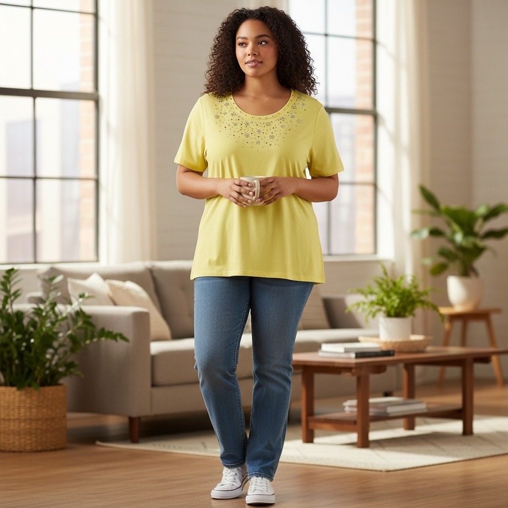 Coral Bay Woman Yellow Embellished Short Sleeve Top Plus Size 1X Casual‎ Sparkle